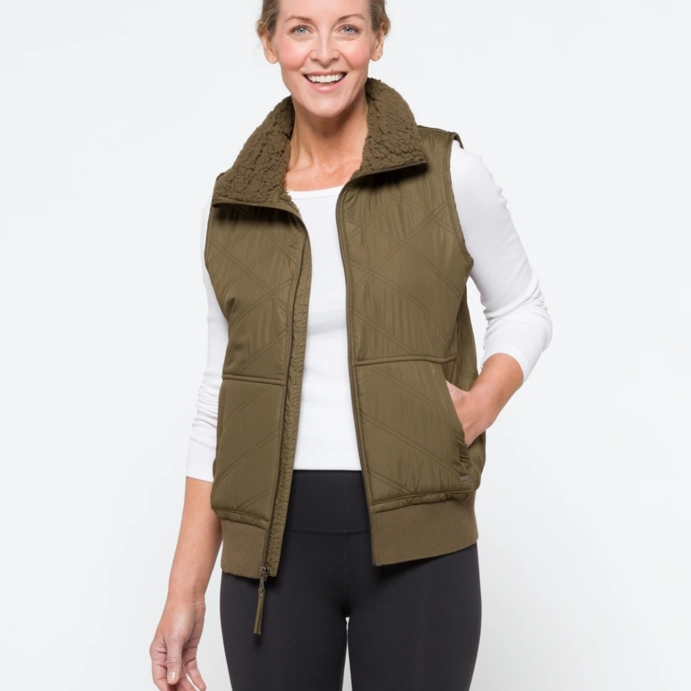 Prana Green Quilted Puffer Vest with Stand-Up Collar
